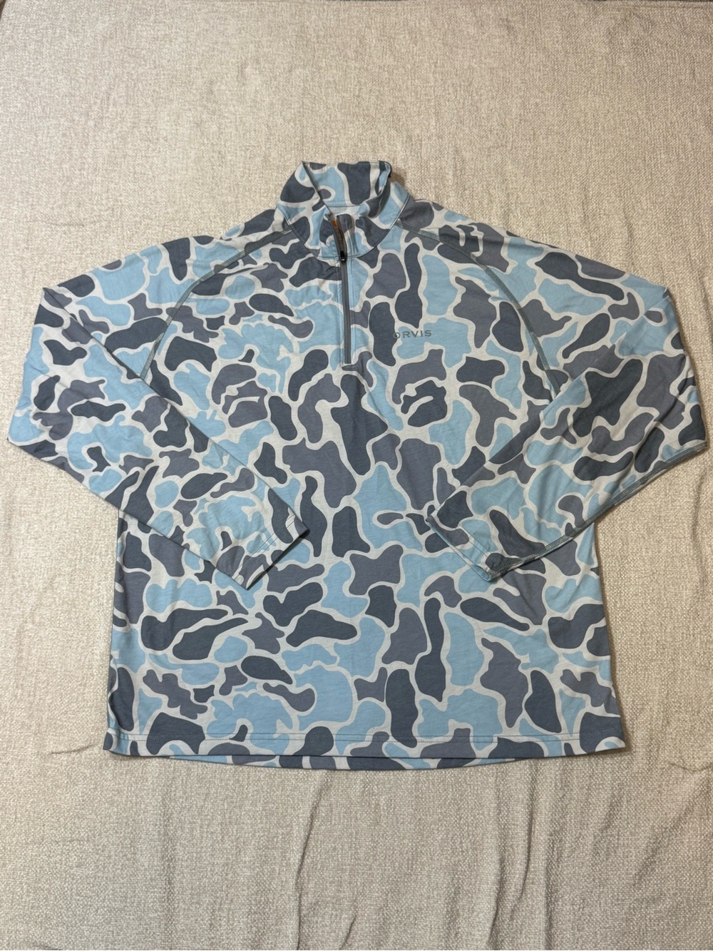 Orvis DriRelease Blue Camo 1/4 Zip Pullover Large Gorpcore Fishing